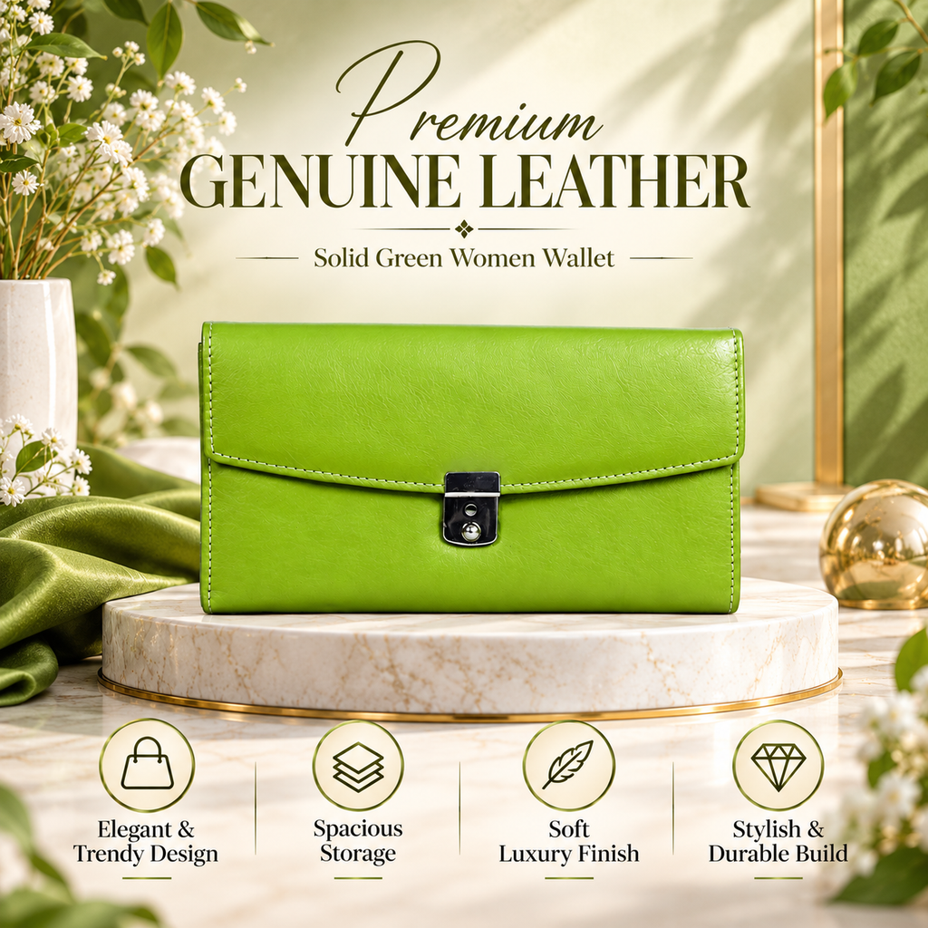 Leather Solid Green Women Wallet