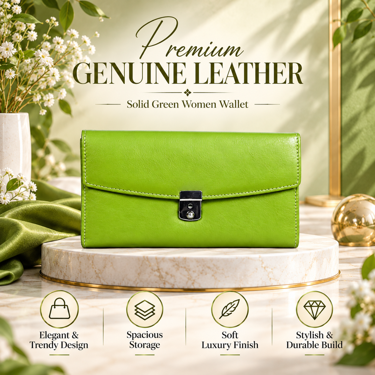 Leather Solid Green Women Wallet