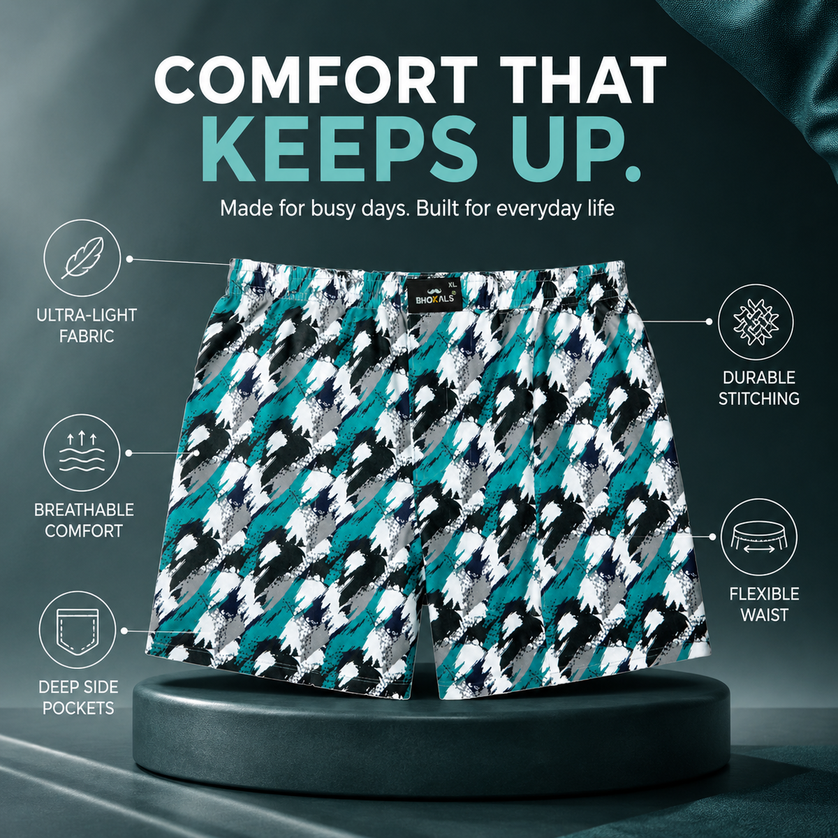 Green White Texture Printed Cotton Boxer For Men