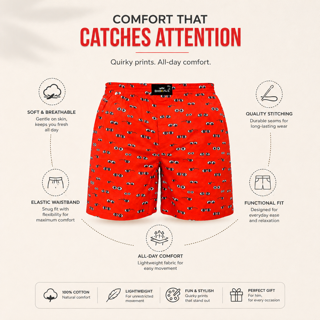 Orange Printed Eyes Cotton Boxer For Men