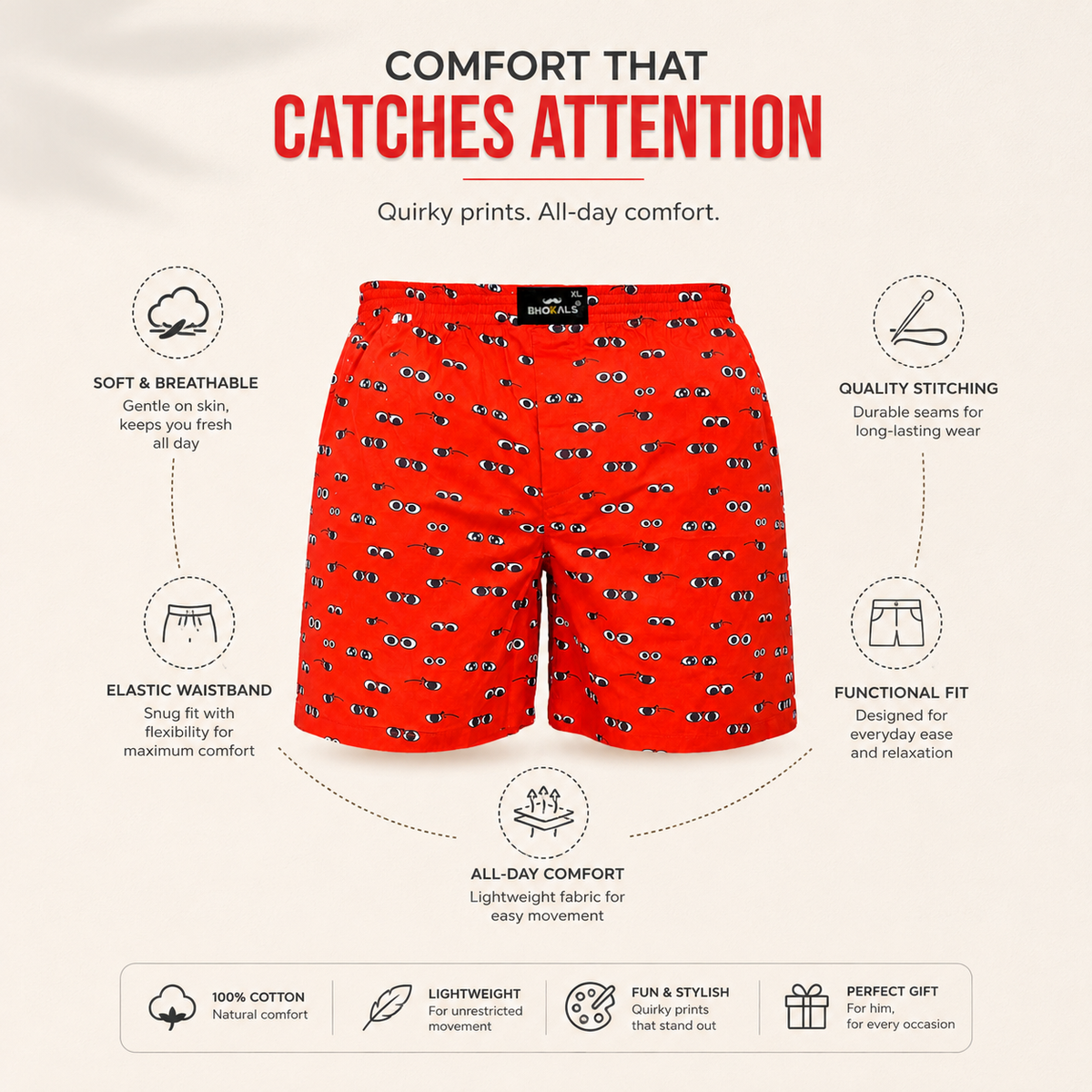 Orange Printed Eyes Cotton Boxer For Men