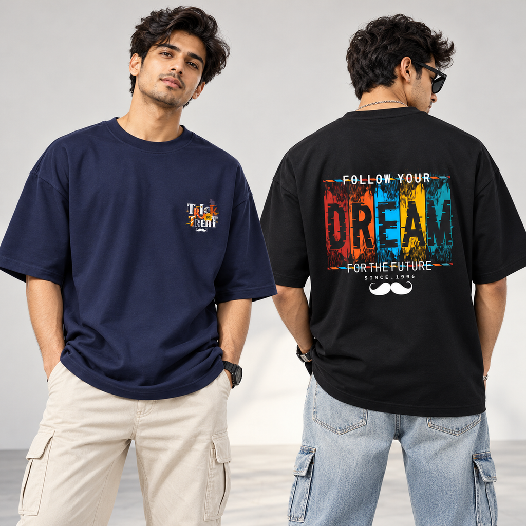 BHOKALS Men's Oversized Printed T-Shirt Combo Pack of 2 – Blue Trick N Treat & Black Dream Graphic Tees