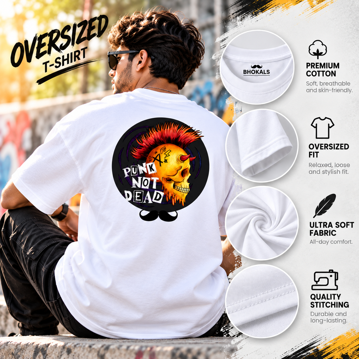 Bhokals Premium Oversized Front & Back Printed T-Shirt for Men - Punk