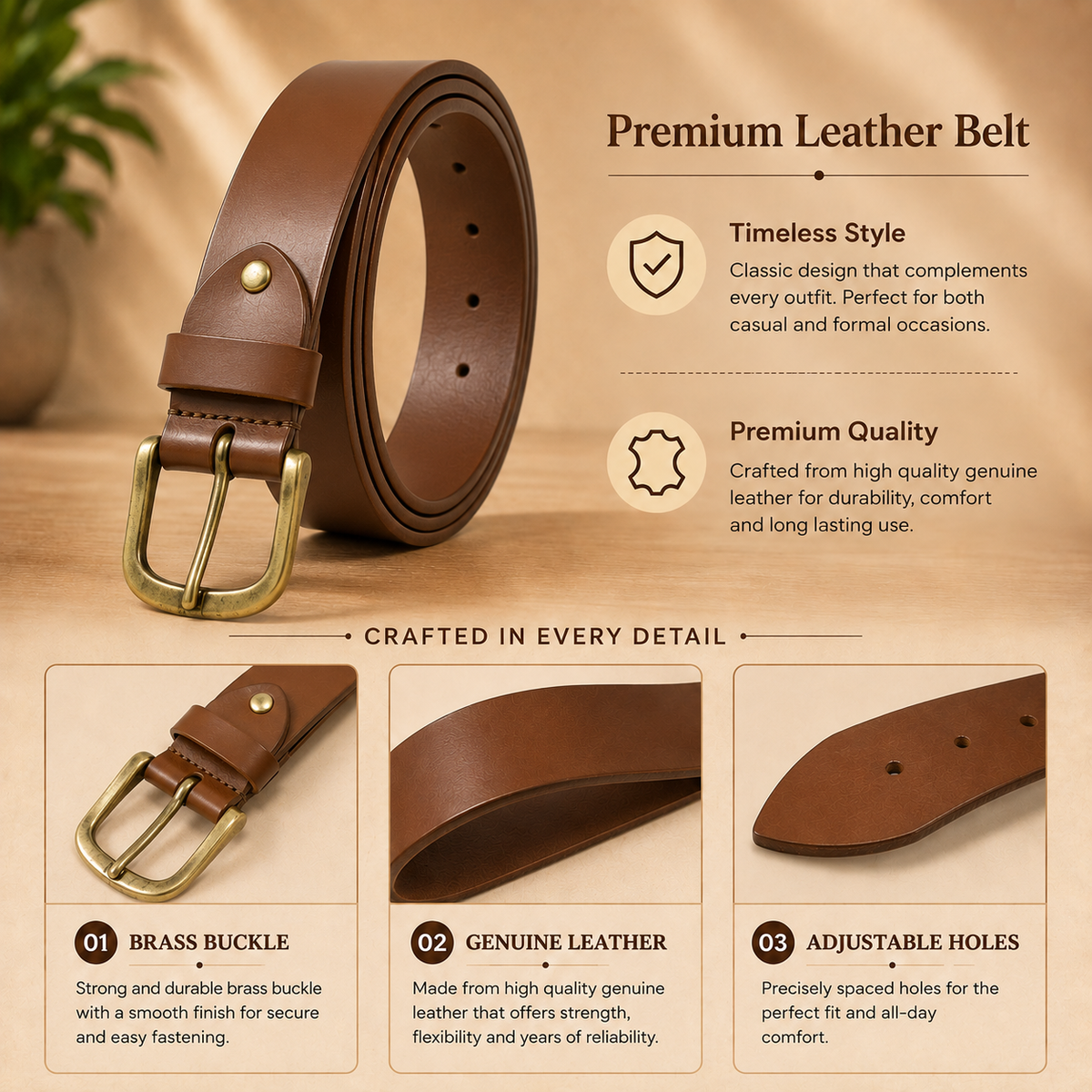 Bhokals Men Solid Tan Leather Belt