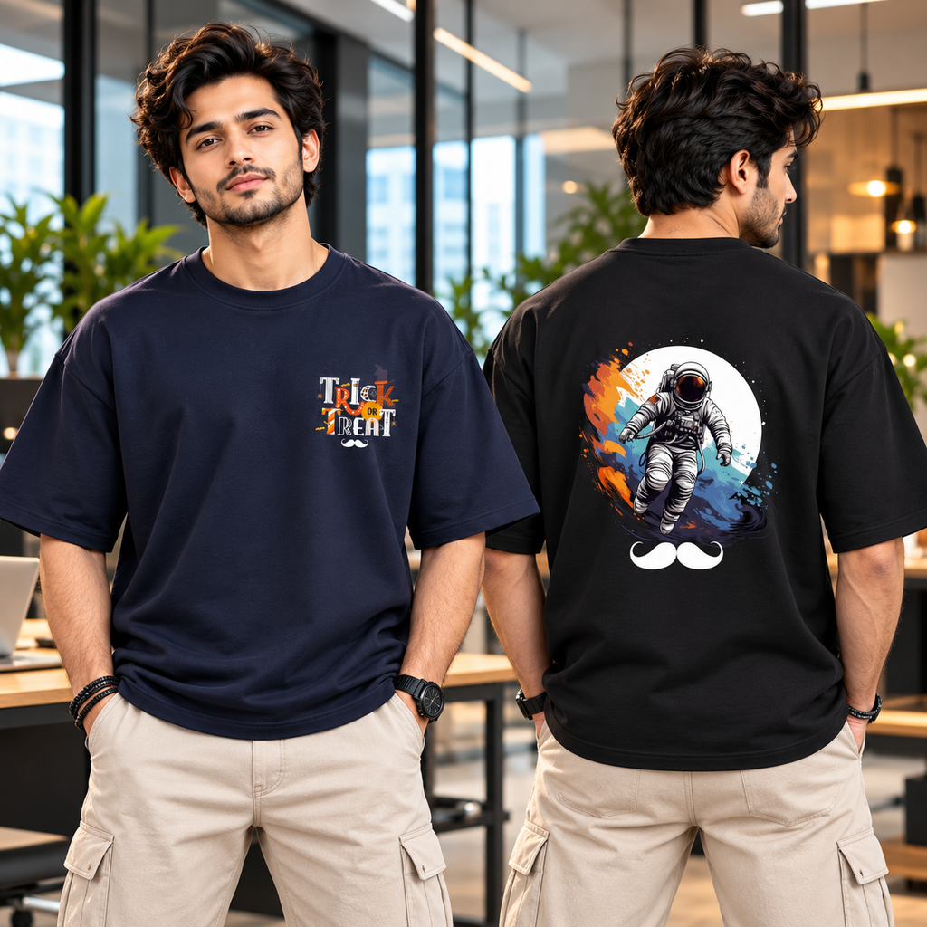 BHOKALS Men's Oversized Printed T-Shirt Combo Pack of 2 – Black Astronaut & Blue Trick N Treat Graphic Tees