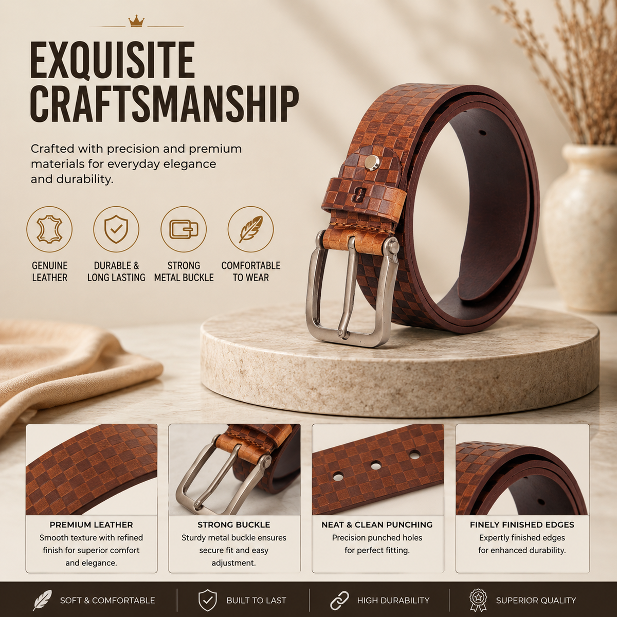 Bhokals Men Solid Tan Formal Leather Belt