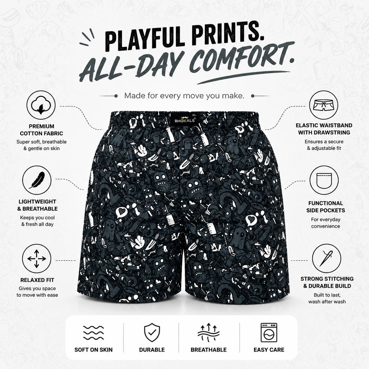 Grey Ghost Printed Cotton Boxer For Men