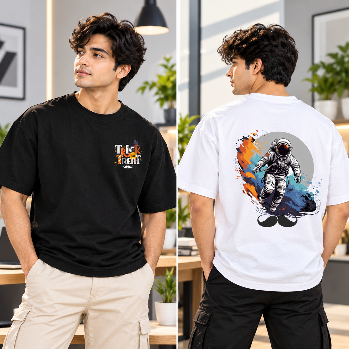 BHOKALS Men's Oversized Printed T-Shirt Combo Pack of 2 – White Astronaut & Black Trick N Treat Graphic Tees