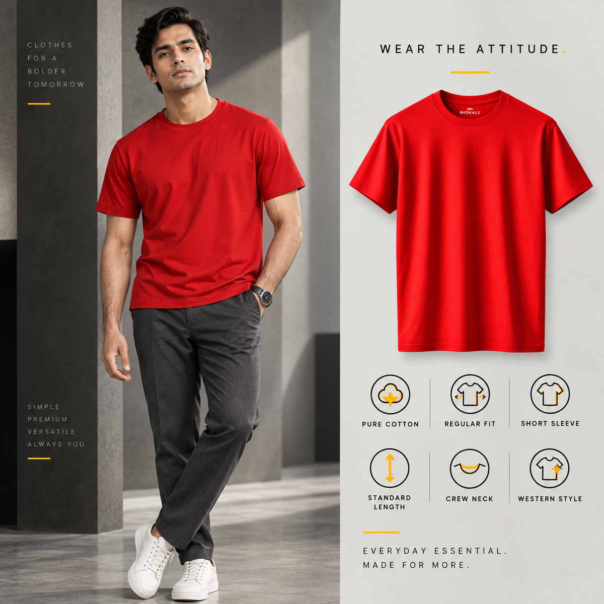 Bhokals Round Neck - White, Black, & Red Regular T-Shirts - Pack of 3
