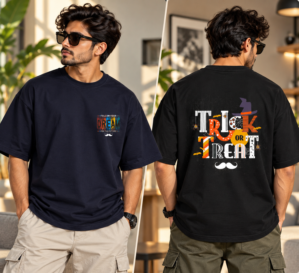 BHOKALS Men's Oversized Printed T-Shirt Combo Pack of 2 – Black Trick N Treat & Blue Dream Graphic Tees