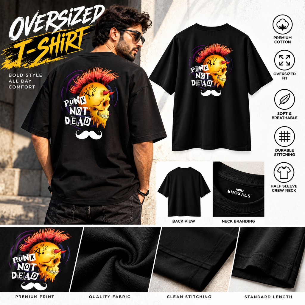 Bhokals Premium Oversized Front & Back Printed T-Shirt for Men - Punk