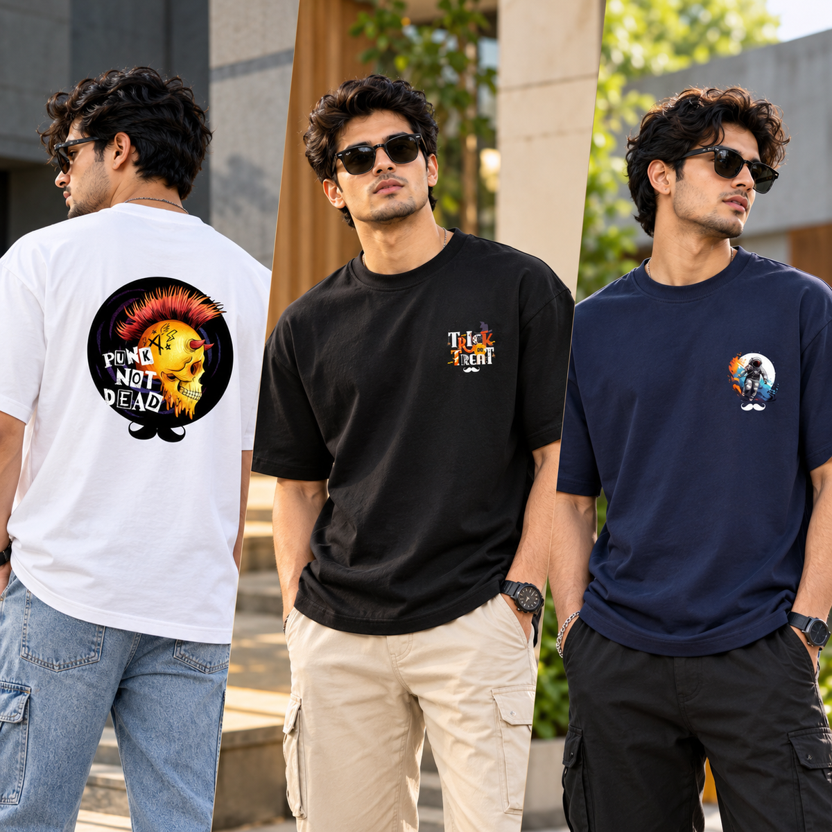BHOKALS Men's Oversized Printed T-Shirt Combo Pack of 3 – White Punk, Black Trick N Treat & Blue Astronaut Graphic Tees