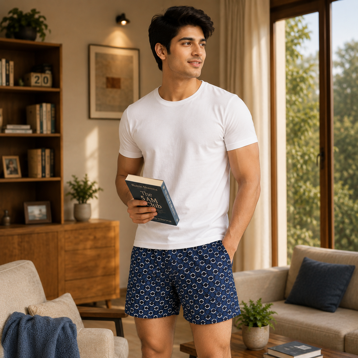 Blue White Black Circle Printed Cotton Boxer For Men
