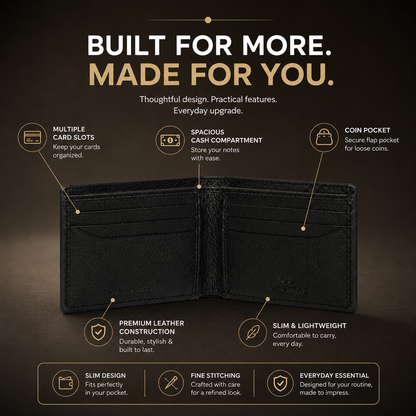 Classic Men's Leather Bifold Wallet, Black, Textured Finish, Multiple Card Slots, Slim Design