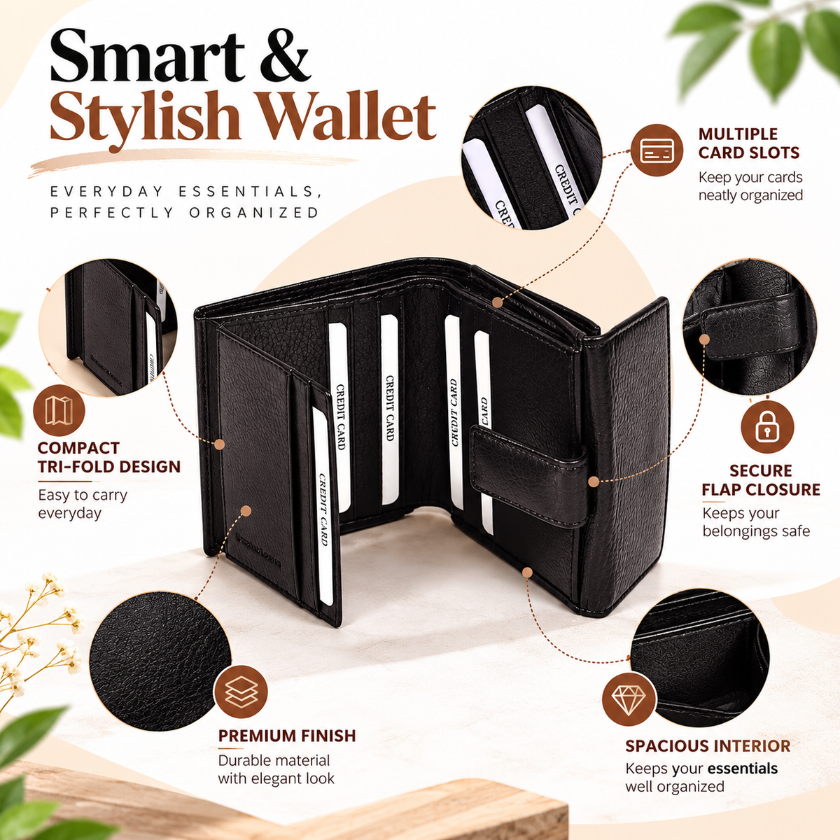 Leather Solid Black Multi Fold Women Wallet