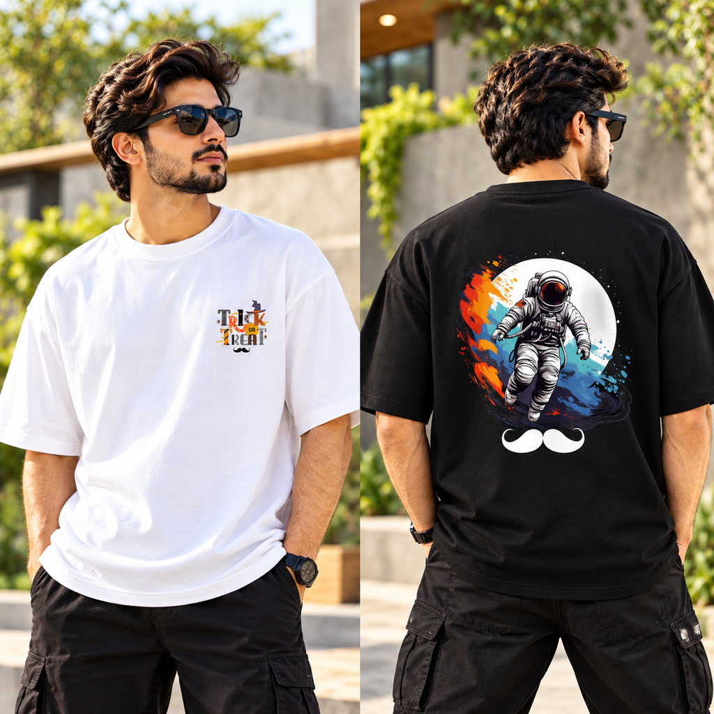 BHOKALS Men's Oversized Printed T-Shirt Combo Pack of 2 – Black Astronaut & White Trick N Treat Graphic Tees