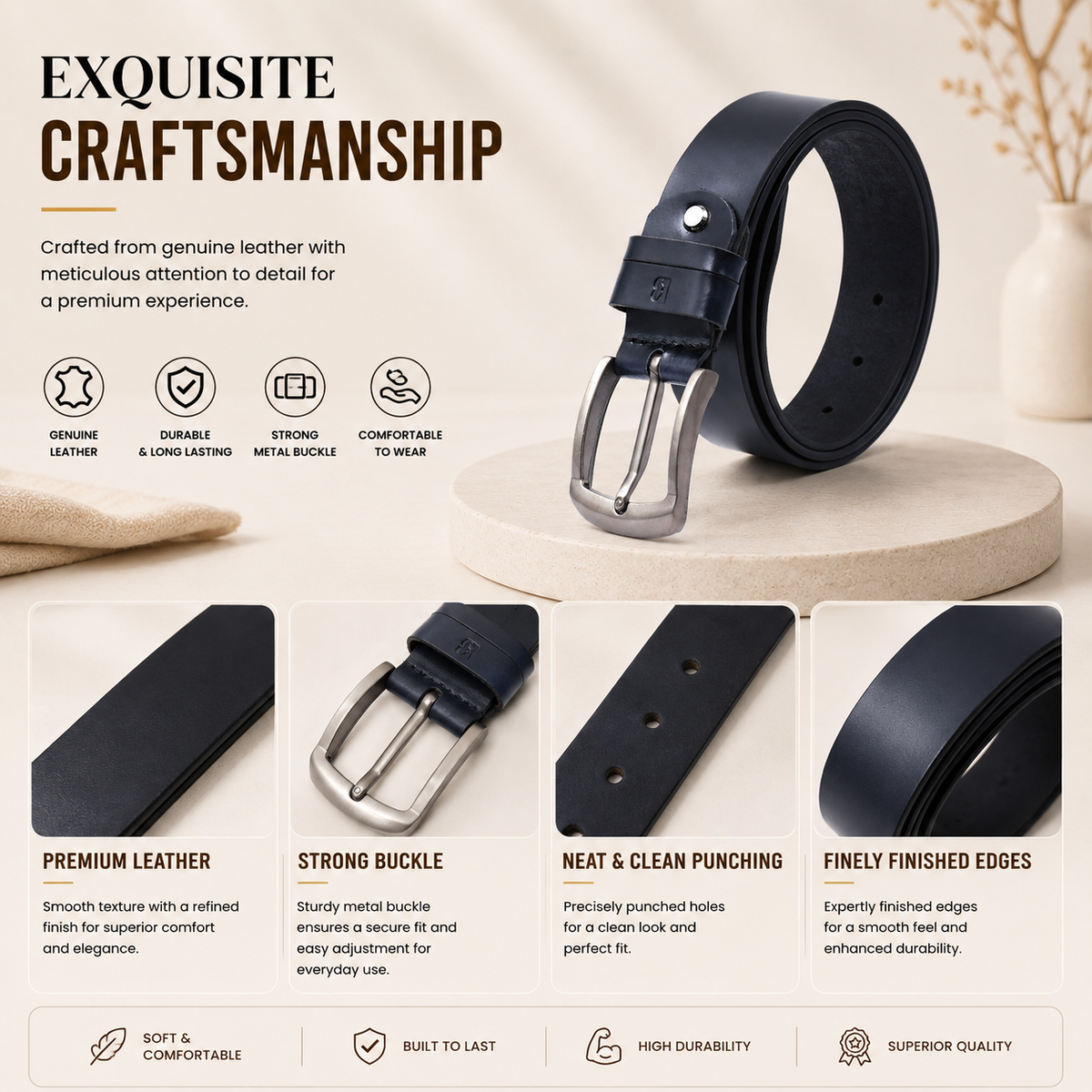 Bhokals Men Black Formal Leather Belt