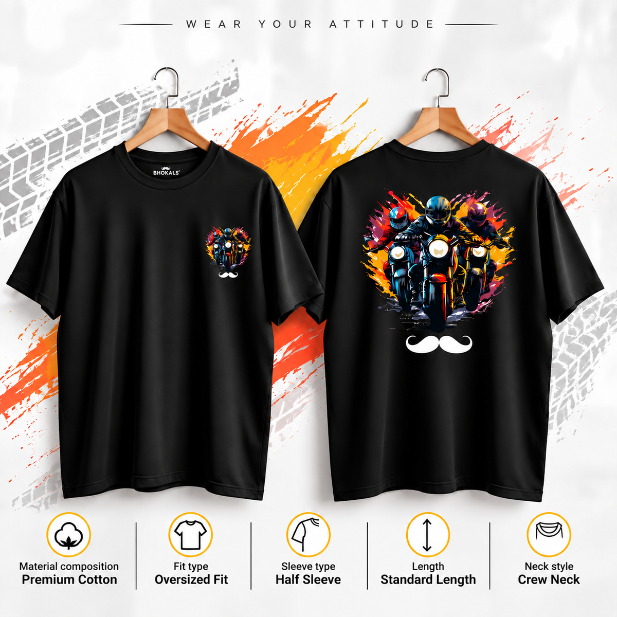 Bhokals Premium Oversized Front & Back Printed T-Shirt for Men - Biker