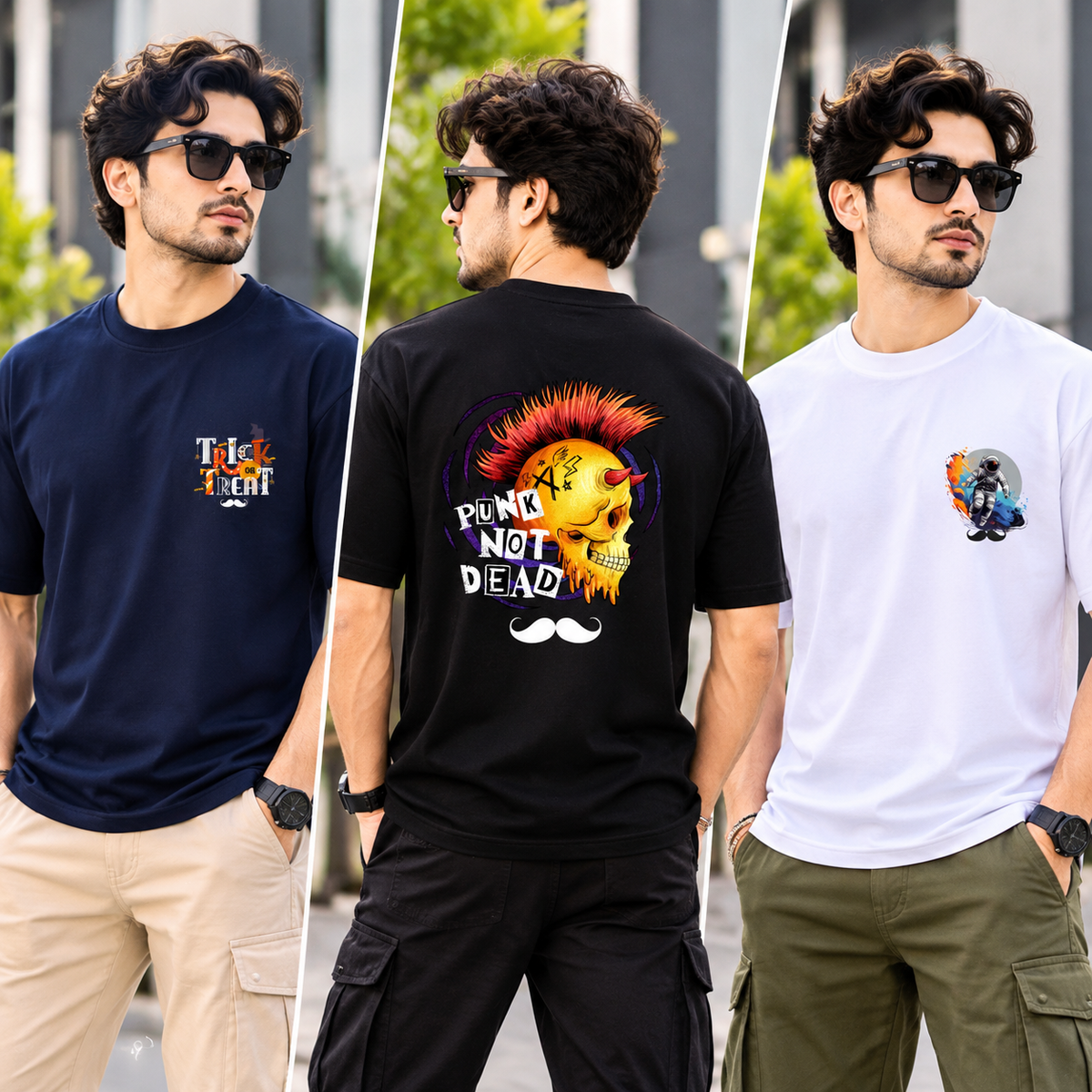 BHOKALS Men's Oversized Printed T-Shirt Combo Pack of 3 – Black Punk, Blue Trick N Treat & White Dream Graphic Tees