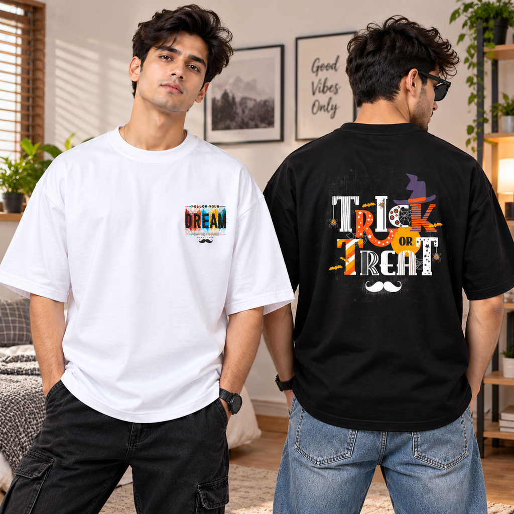 BHOKALS Men's Oversized Printed T-Shirt Combo Pack of 2 – Black Trick N Treat & White Dream Graphic Tees