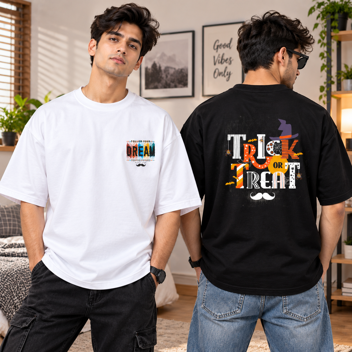 BHOKALS Men's Oversized Printed T-Shirt Combo Pack of 2 – Black Trick N Treat & White Dream Graphic Tees