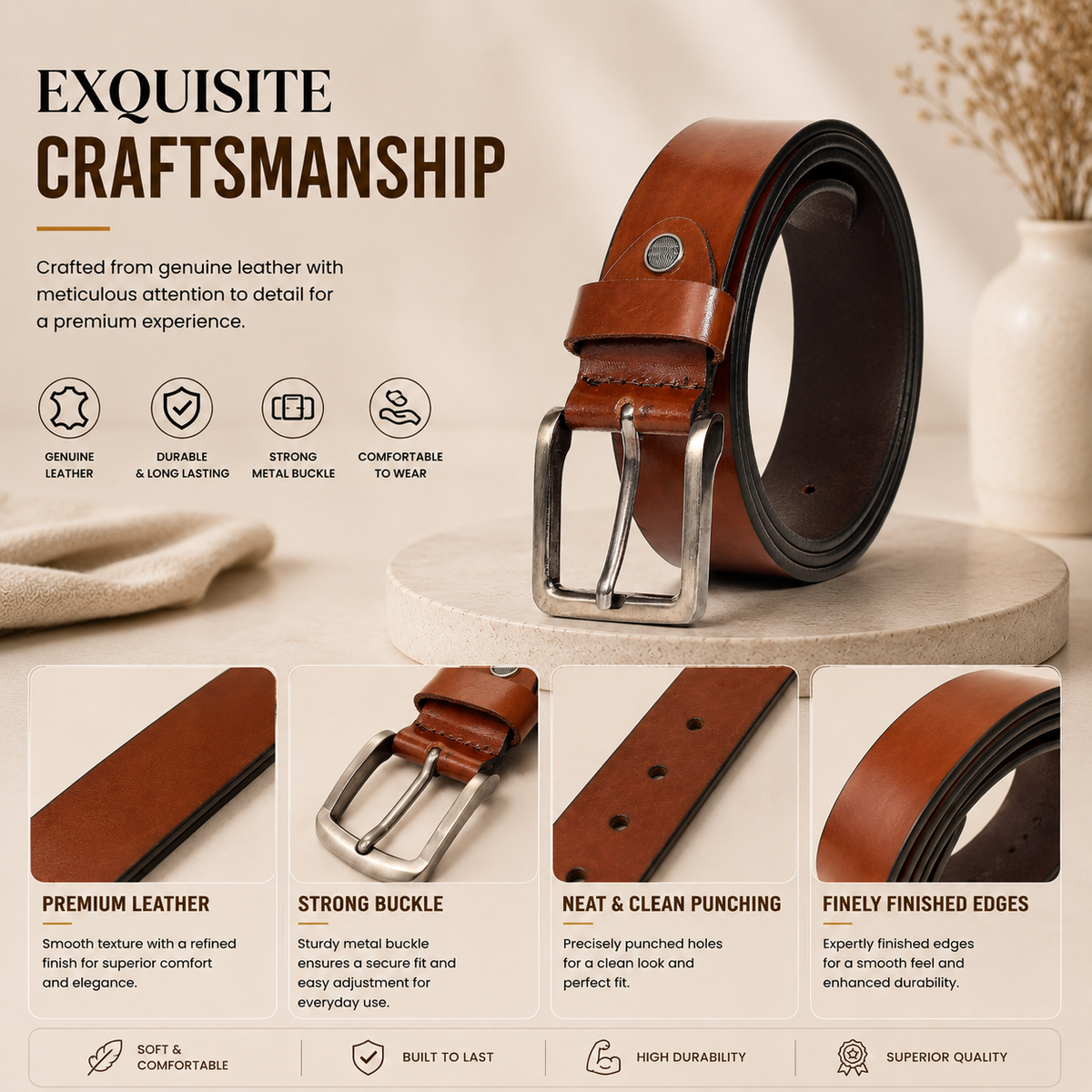 Bhokals Men Tan Glossy Leather Belt