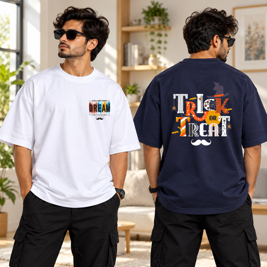 BHOKALS Men's Oversized Printed T-Shirt Combo Pack of 2 – Blue Trick N Treat & White Dream Graphic Tees