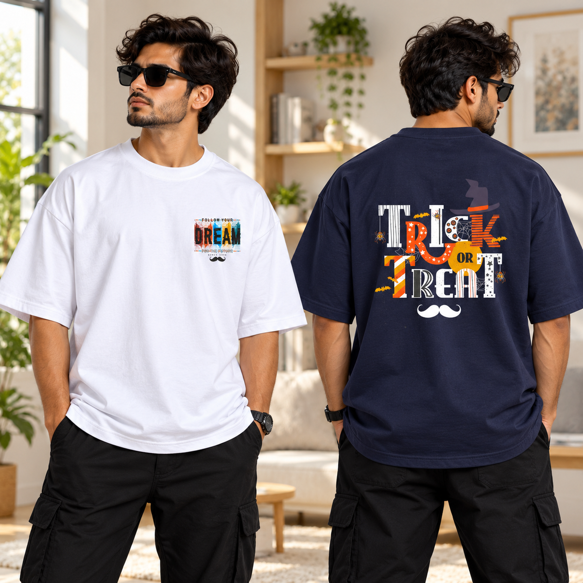 BHOKALS Men's Oversized Printed T-Shirt Combo Pack of 2 – Blue Trick N Treat & White Dream Graphic Tees