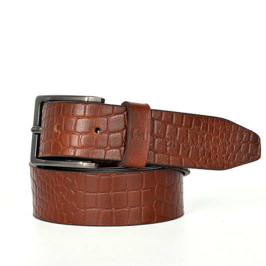 Bhokals Men Tan Brown Crocs Texture Leather Belt