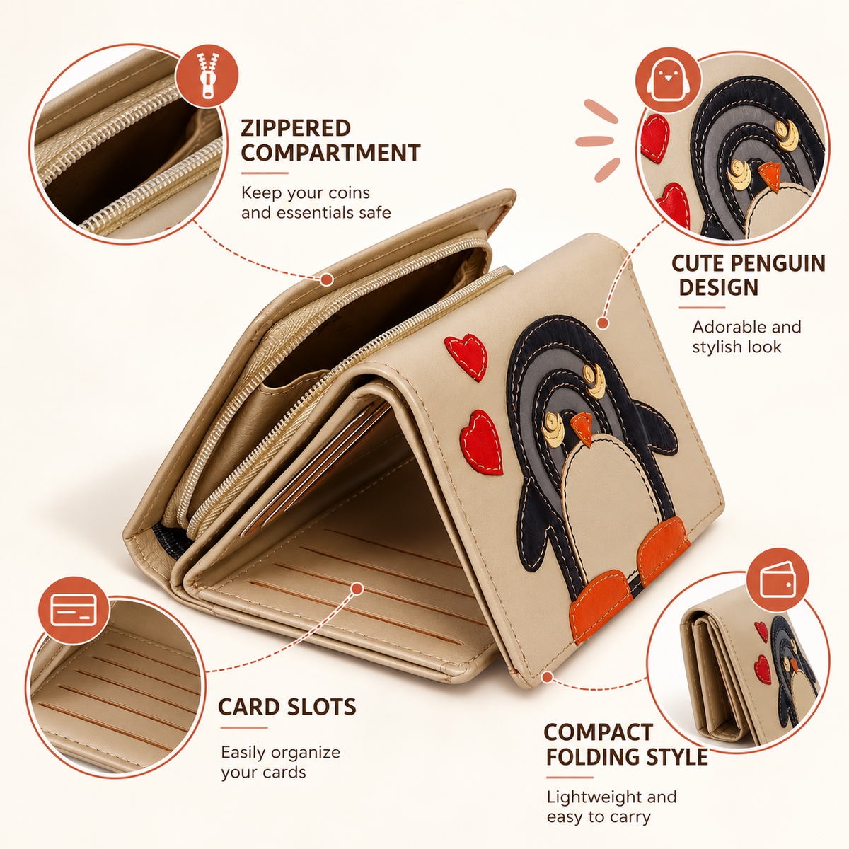 Leather Cream Penguin Women Pocket Wallet