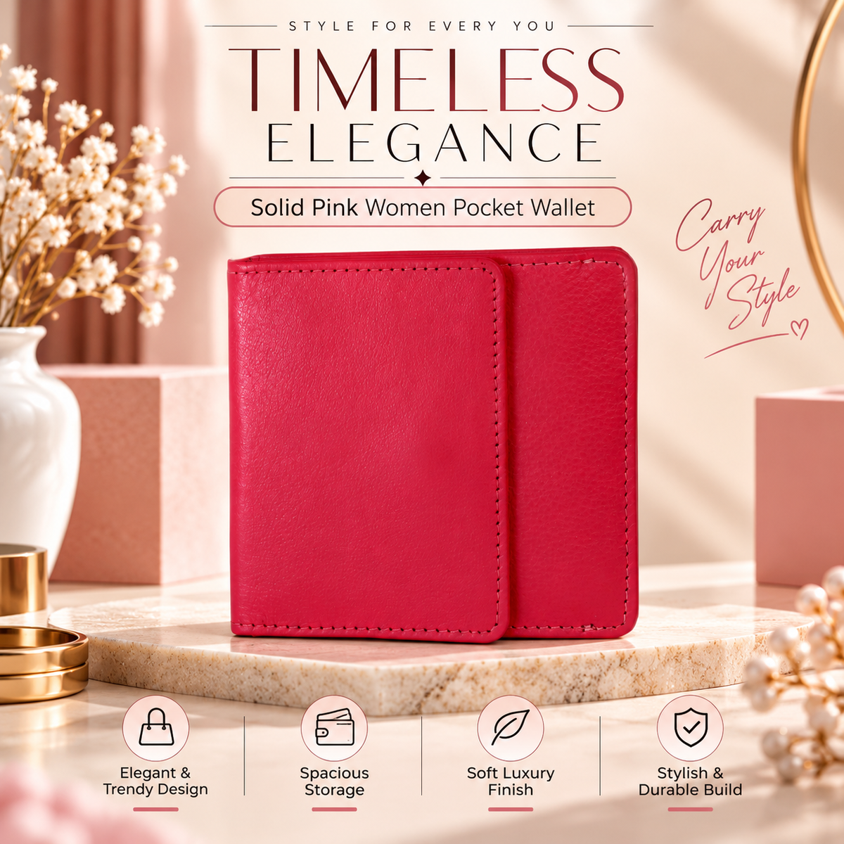 Leather Solid Pink Women Pocket Wallet