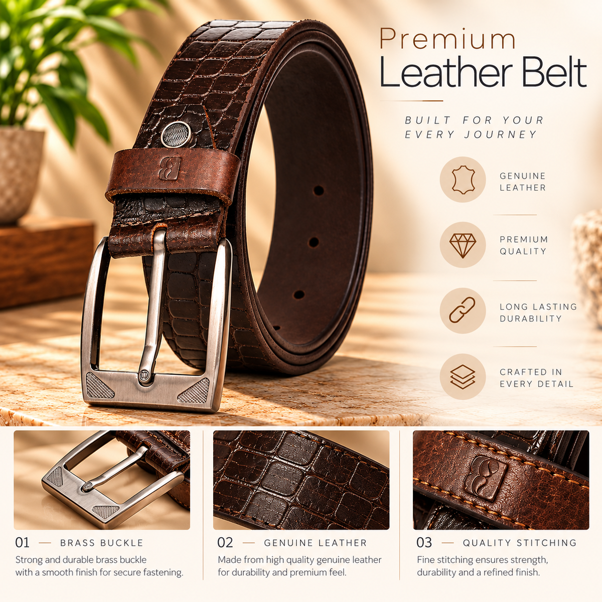Bhokals Men Brown Crocs Texture  Casual Leather Belt