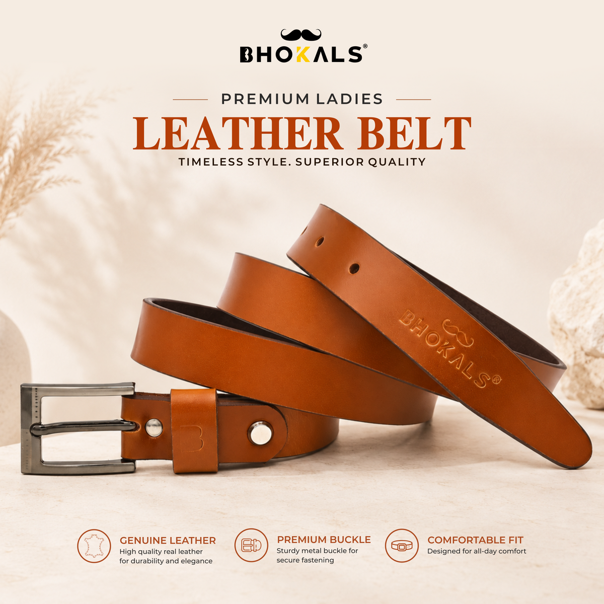 Bhokals Women Solid Tan Leather Belt