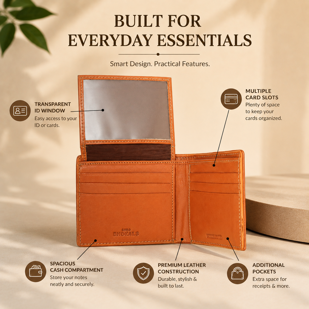 Leather Bifold Wallet, Brown with Orange Interior, Multiple Card Slots, ID Window, Classic Design
