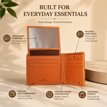 Leather Bifold Wallet, Brown with Orange Interior, Multiple Card Slots, ID Window, Classic Design