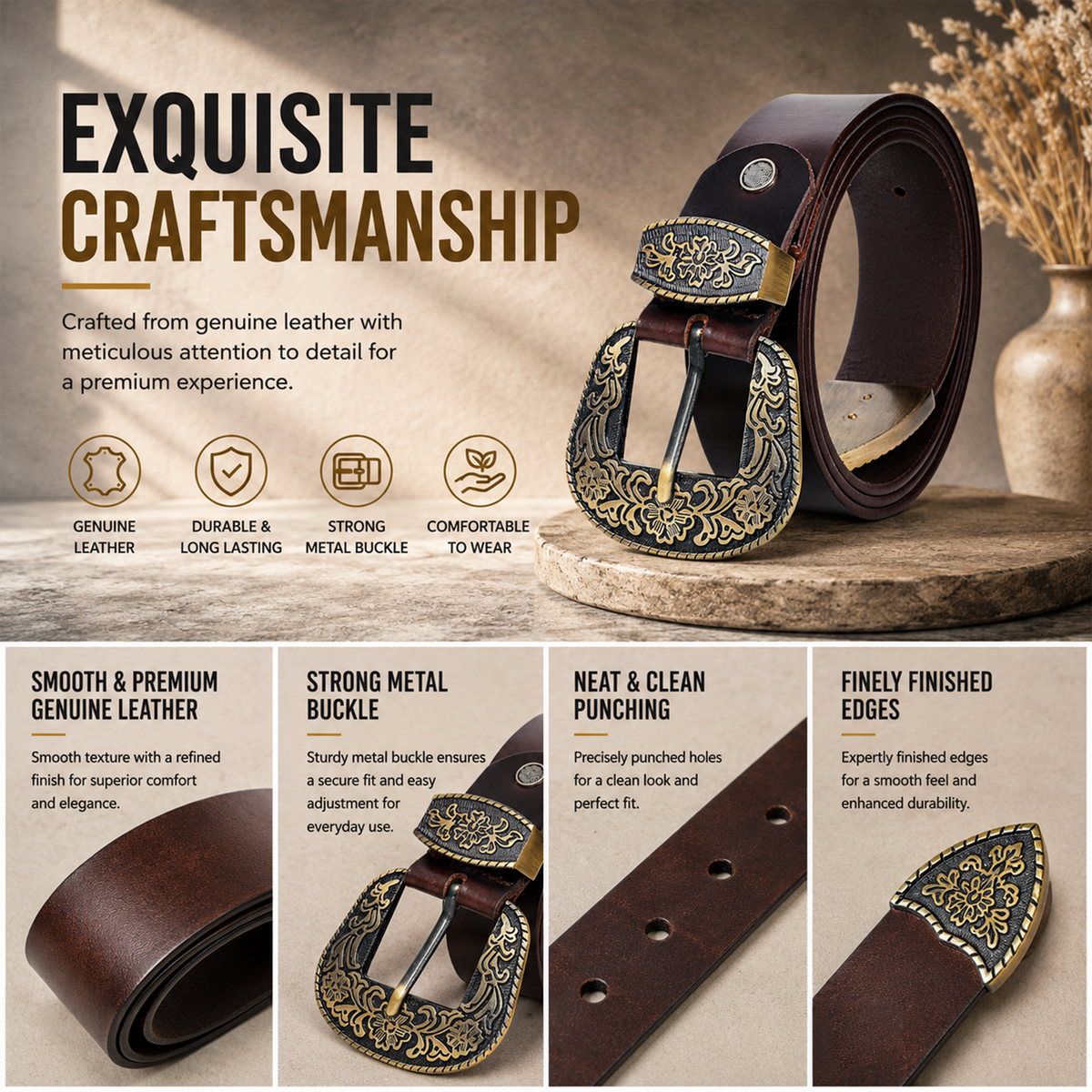 Bhokals Maharaja Men  Golden Buckle Brown Leather Belt