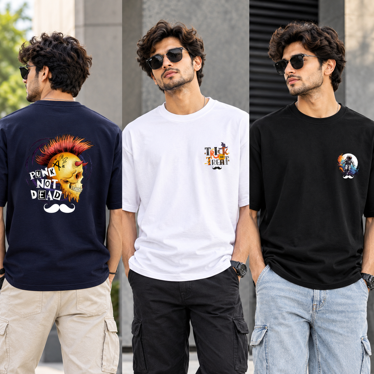 BHOKALS Men's Oversized Printed T-Shirt Combo Pack of 3 – Blue Punk, White Trick N Treat & Black Astronaut Graphic Tees