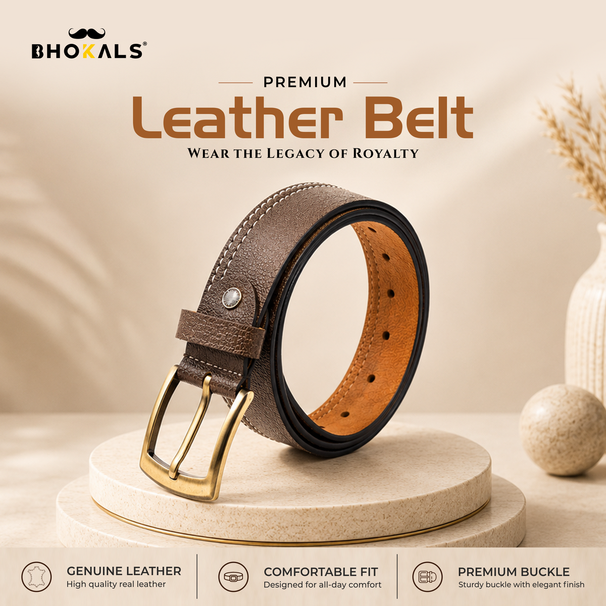 Men Brown Side Thread Leather  Belt