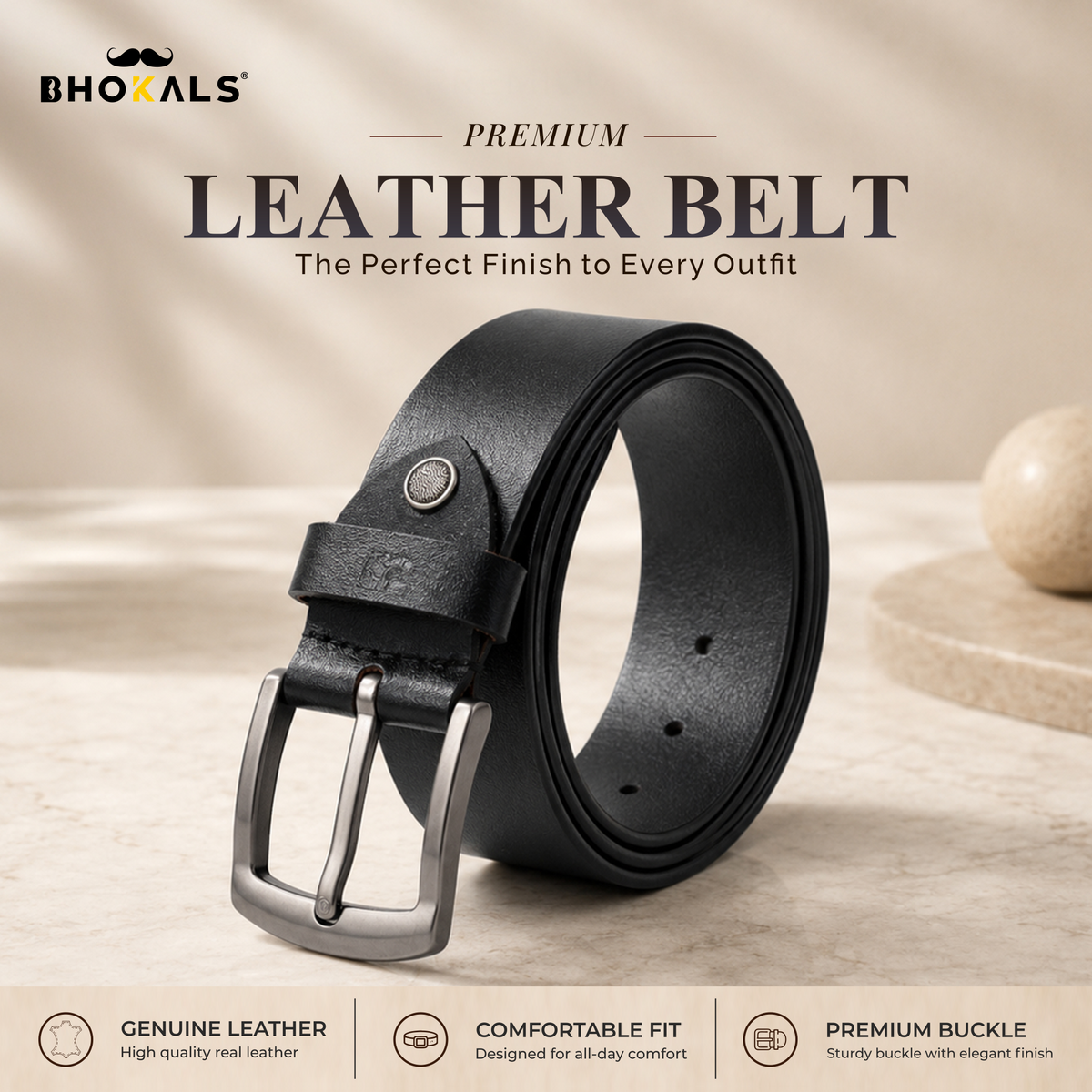 Bhokals Men Black Casual Leather Belt