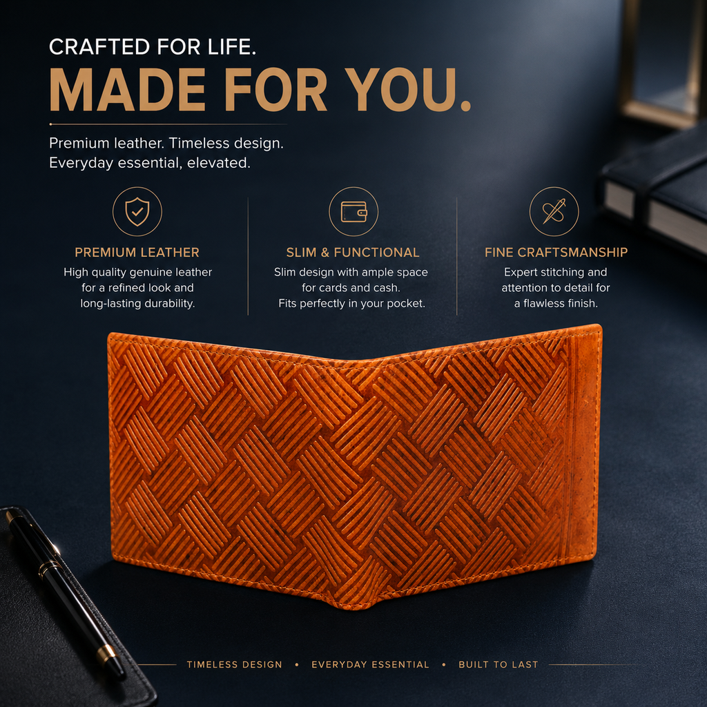 Premium Leather Bifold Wallet, Tan Brown, Geometric Embossed Pattern, Multiple Card Slots, Slim Design