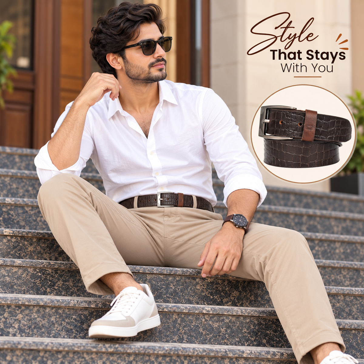 Bhokals Men Brown Crocs Texture  Casual Leather Belt