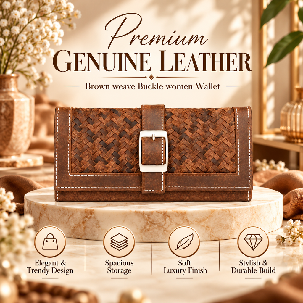 Leather Brown weave Buckle women Wallet