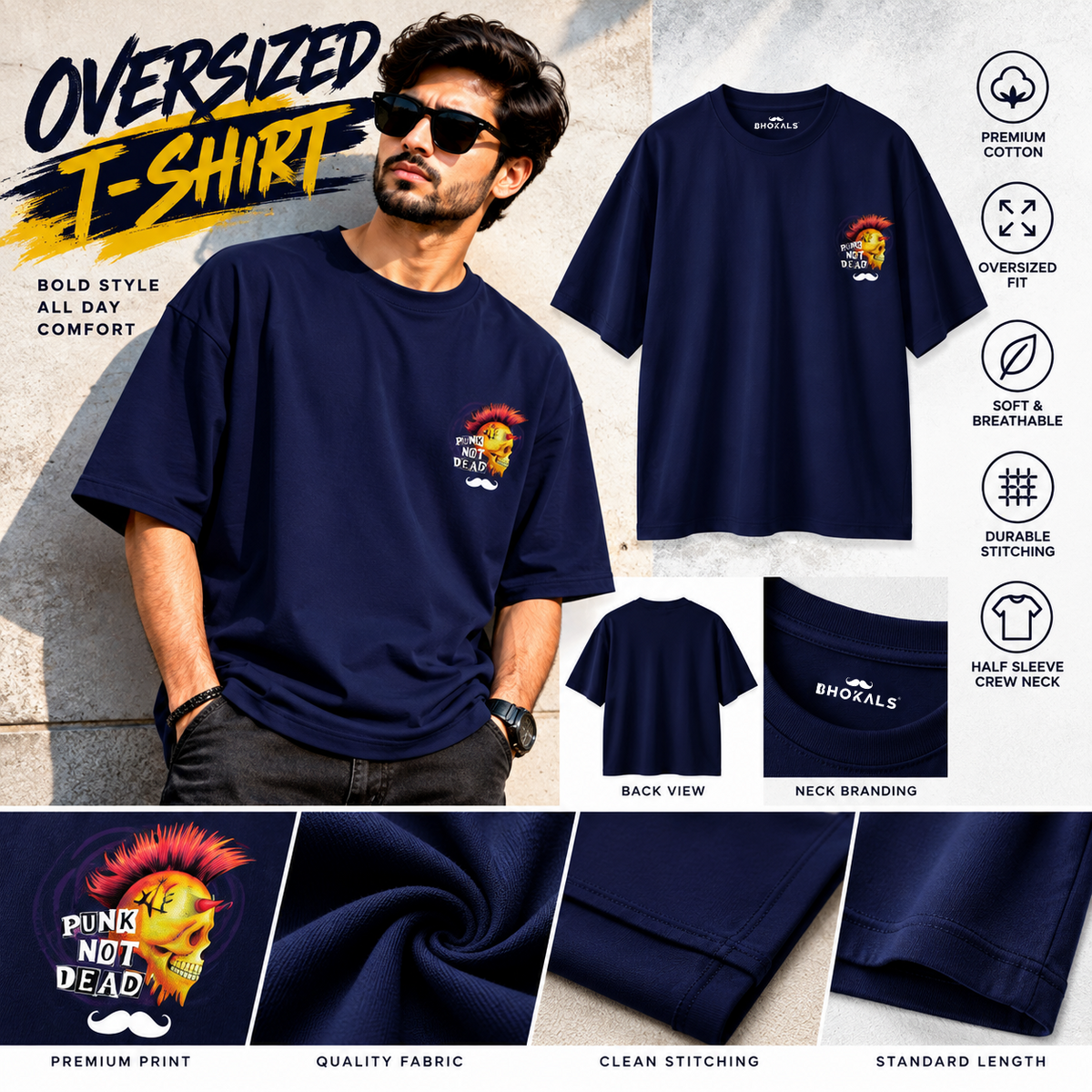 Bhokals Premium Oversized Front & Back Printed T-Shirt for Men - Punk