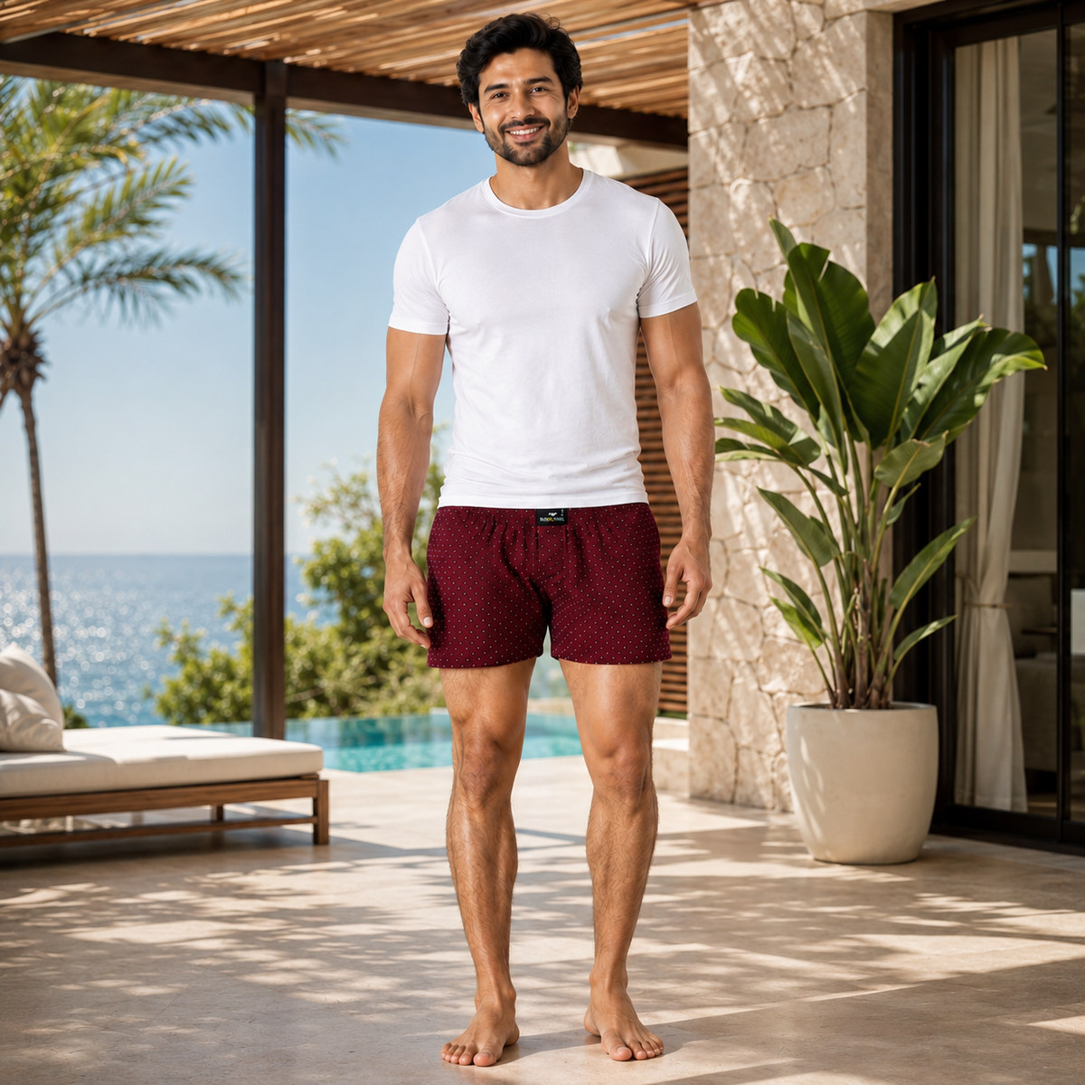 Maroon White Dotted Printed Cotton Boxer For Men