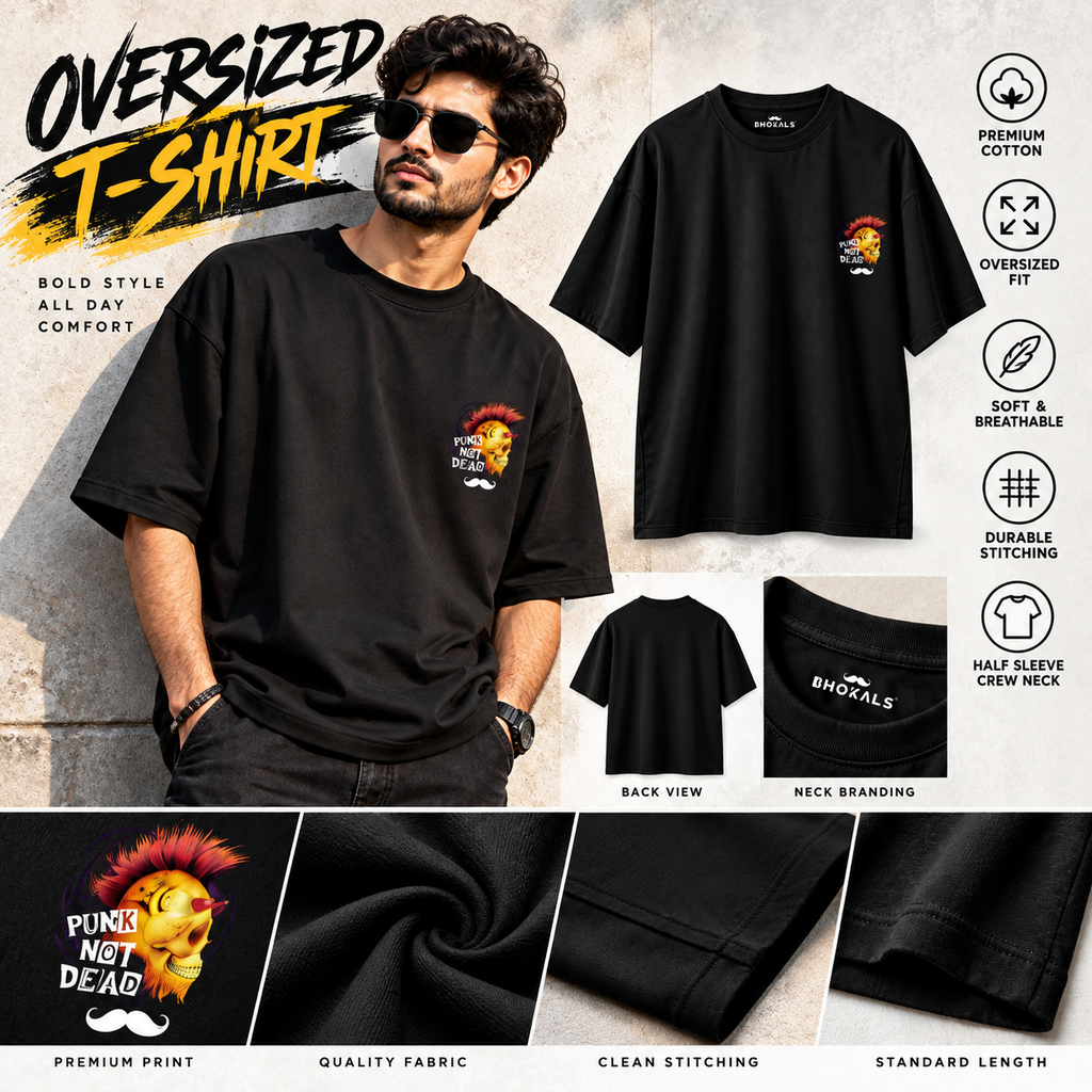 Bhokals Premium Oversized Front & Back Printed T-Shirt for Men - Punk