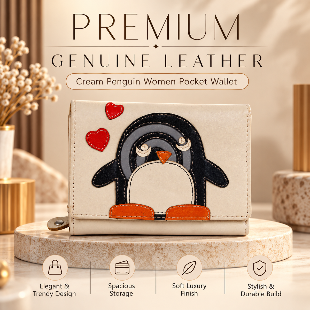Leather Cream Penguin Women Pocket Wallet