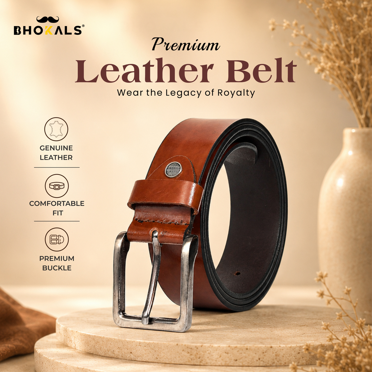Bhokals Men Tan Glossy Leather Belt