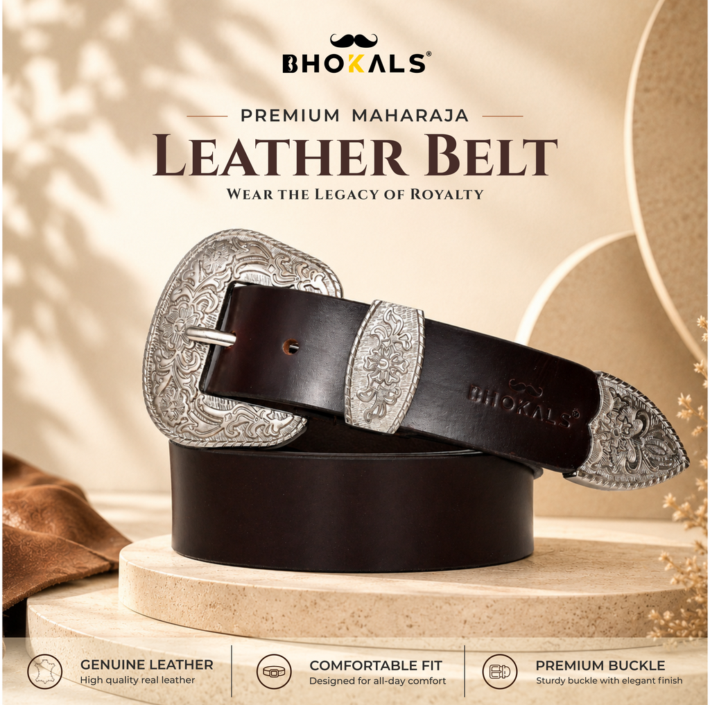 Bhokals Maharaja Men  Silver Buckle  Brown Leather Belt