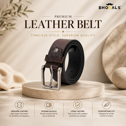 Bhokals Men Brown Chess Plub Leather Belt