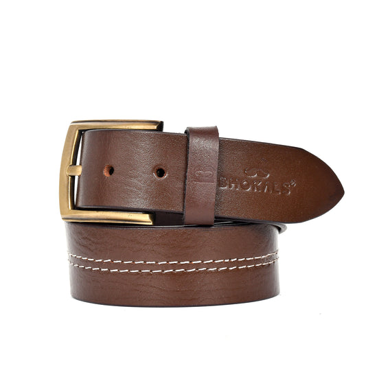Men Brown Side Thread Leather  Belt